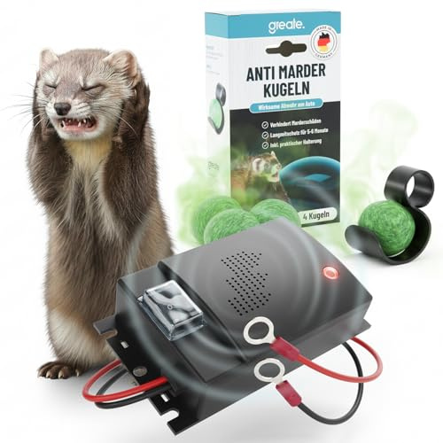 greate Set Anti Marta - 4X Bolas aromáticas ahuyentadoras con Soporte + ahuyentador ultrasónico para Coche con conexión a batería 12V