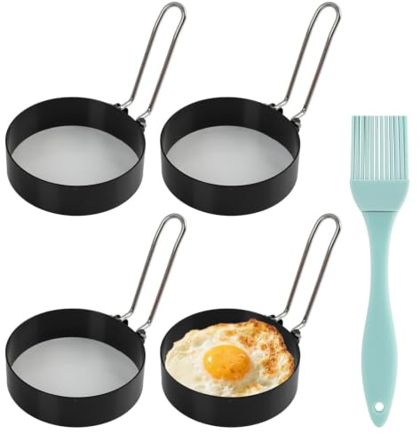 Moldes para Huevos 4 Unidades, Anillos de Acero Inoxidable Antiadherentes 7,5 cm con Asa Plegable y Cepillo de Aceite, Utensilios de Cocina para Huevos Fritos, Tortitas, Hamburguesas, Pan
