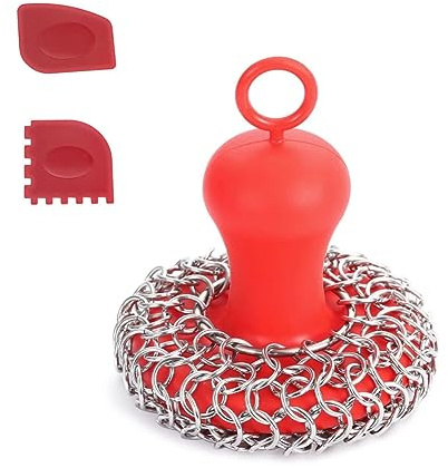 Ounfhtrttk Scrubber per di Maglia in Ghisa + Raschietto per Pentole, Detergente per Padelle in Acciaio Inossidabile, Raschietto per Padelle in Ghisa, Facile da Usare, Lavabile, Rosso