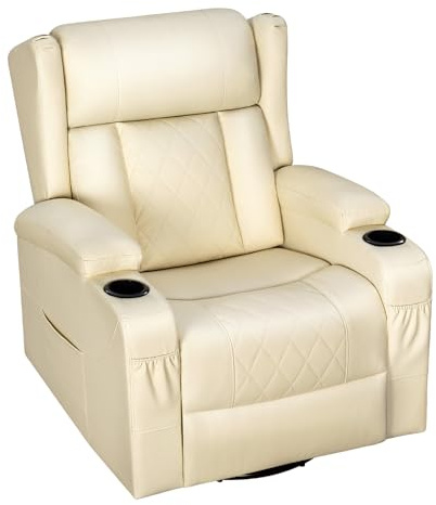 WOLTU Sillón Relax Reclinable, Giratorio 360°, PU, Beige | Sofa Individual Función Balanceo y Respaldo Ajustable, con Reposapiés, Bolsas Laterales y Portavasos, Carga 150 kg