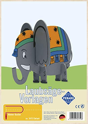 Pebaro 347S Laubsägevorlage Elefant, 3mm Sperrholz DIN A 4, Motiv vorgedruckt, aussägen mit Laubsägebogen, basteln, anmalen, fertig, Basteln mit Holz, Geschenkidee