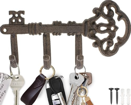 Comfify Rust Brown Cast Iron Skeleton Key Wall Hook – 3 Hooks, 7.67 L