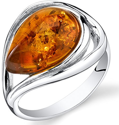 PEORA Genuine Baltic Amber Teardrop Statement Ring for Women in Sterling Silver, Rich Cognac Color, Open Halo Swirl Design, Comfort Fit, Size 9, Real Baltic Amber Ring for Adults, w/Jewelry Box