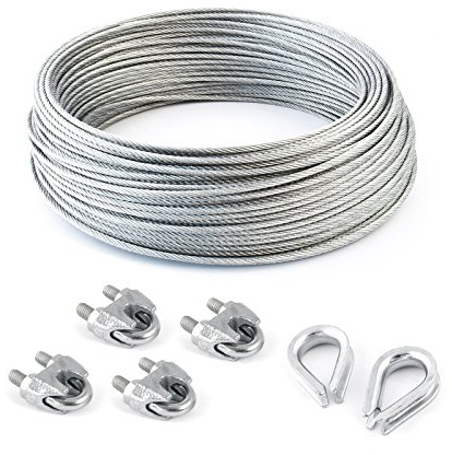 Set 30 m stålvajer galvaniserad 4 mm sträng: 6 x 7 + 4 klämmor + 2 fingerborg - många storlekar tillgängliga