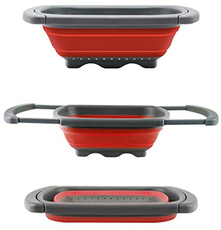QiMH Colander collapsible Over The Sink Vegtable/Fruit Colander Strainer With Extendable Handles(Green&Red) (Red)