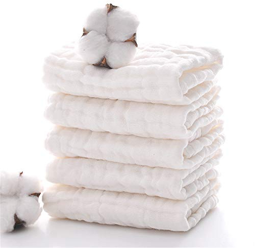 MUKIN Baby Muslin Washcloths, Natural Cotton, Soft Newborn Face Towel, 5 Pack, 12 x 12 inches (White)