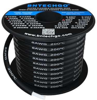 BNTECHGO 8 Gauge Silicone Wire Spool 50 ft Black Flexible 8 AWG Stranded Tinned Copper Wire