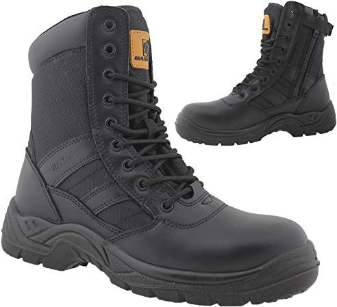 Mens Leather Combat Ankle Boots Steel Toe Cap Military Combat Safety Trainers Police Work Shoes (9 UK) Black