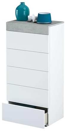 Habitdesign – Cómoda Sinfonier con 5 Cajones, Comoda Moderna para Dormitorio, Sinfonier Vestidor, Color Blanco Artik y Gris Cemento, 118x61x40 cm - Modelo Tekkan