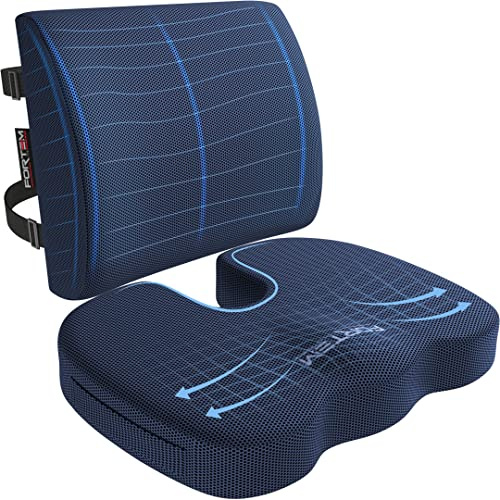 FORTEM Sittdyna och Ryggstöd för Kontorsstol, Ländryggsstöd, Sittdyna i Memory Foam, Halkfritt Sitt- och Ryggstöd för Gaming, Sittkudde för Bilstol, Datorstolsdyna