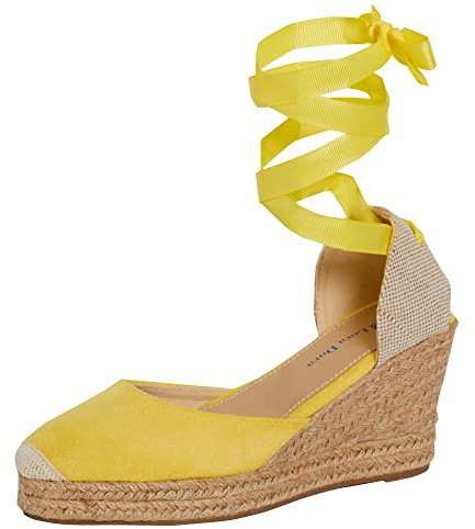 Sandalias de cuña de esparto para mujeres Sandalias de esparto de cuña para mujeres de cuña de hessian Sandalias de cuña de esparto de mujer con tiras de pierna atadas al tobillo, Limón, 37 EU