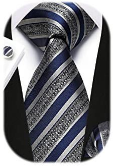 Enlision Stripe Men Ties Set Navy Blue Grey Ties for Men Formal Silk Woven Neckties and Pocket Square Set Business Wedding Necktie Handkerchief Cufflinks