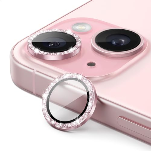 JETech Lente Fotocamera Protettiva per iPhone 15 6,1 Pollici e iPhone 15 Plus 6,7 Pollici, Bling Glitter Individuale 9H Vetro Temperato Anello di Metallo Cover, HD Chiaro, 1 Set (Rosa)