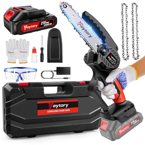 Mini Motosierra Bateria 6 Pulgadas,Motosierra Eléctrica Inalámbrica con Batería 3.0Ah y 2 Cadenas,Bloqueo de Seguridad, 8m/s Motosierra Pequeña de Mano para Cortar Madera Podar Árboles Jardinería
