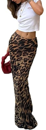 fdsmall Faldas largas Estampadas en Leopardo para Mujeres Faldas largas de satén de Seda de Cintura Alta envueltas en la Playa de Verano (FR/ES, Letras, XL, Grande, Regular, Marrón)