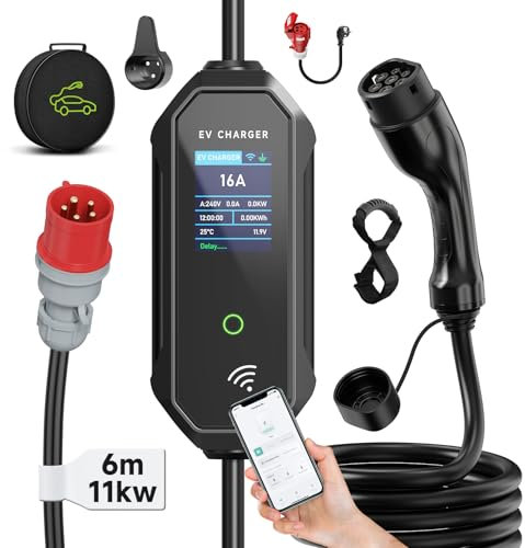 AFYEEV 6m Cavo Ricarica Auto Tipo 2 CEE 11kW, Trifase, 8-16A con Potenza di Ricarica Regolabile, Caricatore per Veicoli Elettrici e Stazione di Ricarica Mobile/Wallbox
