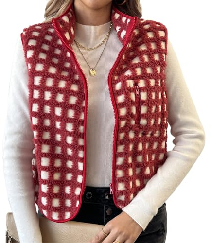 Acrawnni Women’s Sherpa Fuzzy Checkered Vest Sleeveless Stand Collar Zip Up Vest Jacket Fleece Plaid Gilet Tops Winter Warm Outwear