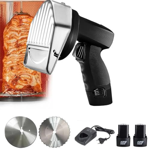 Coltello Shawarma senza fili Coltello Gyros portatile Affettatrice professionale per kebab turco 3400 giri/min con due lame da 3,93/100 mm Spessore regolabile da 0 a 8 mm,cordless