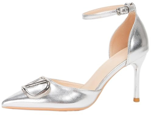 Scarpe col Tacco Donna Cristallo Decorato Tacchi Stiletto per Cerimonia E Festa Punta Argento Metallizzato Cavigliera,Silver 6cm,38 EU
