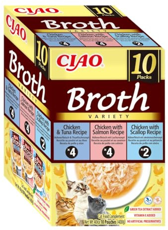 INABA CIAO Brodo di Pollo per Gatti in 3 Gusti, Cibo Umido per gatti con Straccetti di Pollo, Salmone, Tonno e Capesante - 10 Buste x 40 gr - Senza Conservanti o Coloranti Artificiali