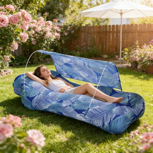 Kcuskl Inflatable Couch,Air Sofa with Sun-Shade Design,Built-in Storage,Ripstop Polyester&Stability Pegs,Portable Air Lounger for Beach,Camping,Easy to Carry,2Inflation Ways(Included Pump)Blue Feather