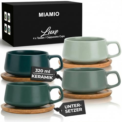 MIAMIO - 4 x 320 ml Kaffeetassen/Cappuccino Tassen mit Unterteller/elegant/modern/Kaffeebecher aus Steingut - Luxe Kollektion 4er Set (Evergreen)
