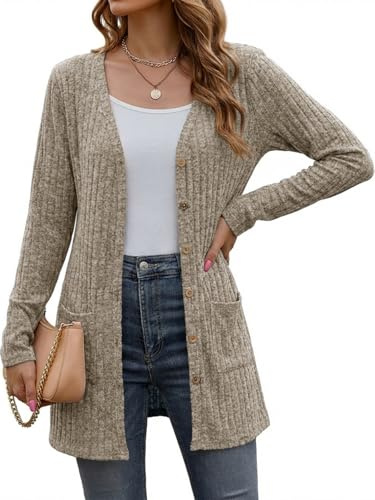 Cicy Bell Cardigan lungo da donna, a maniche lunghe, con tasca aperta sul davanti, cachi, M