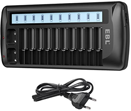 EBL 999 Universal Akkuladegerät für Batterie - AA AAA 9v Block Li-Ion/NiMH/NiCd, 12-Ladefach mit LCD Anzeige, Multi Batterieladegerät