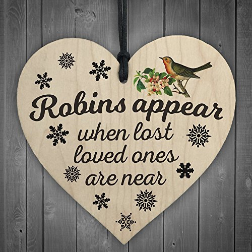 RED OCEAN Robins Appear When Lost Loved Ones Are Near Wooden Hanging Heart Memorial Christmas Tree Decoration Plaque