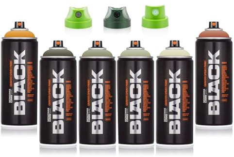 Montana Black A-Team - Juego de 6 Botes de Spray de Pintura Acrílica de 400 ml, Color Camuflaje, Acabado Mate con 9 Cabezales de Pulverización