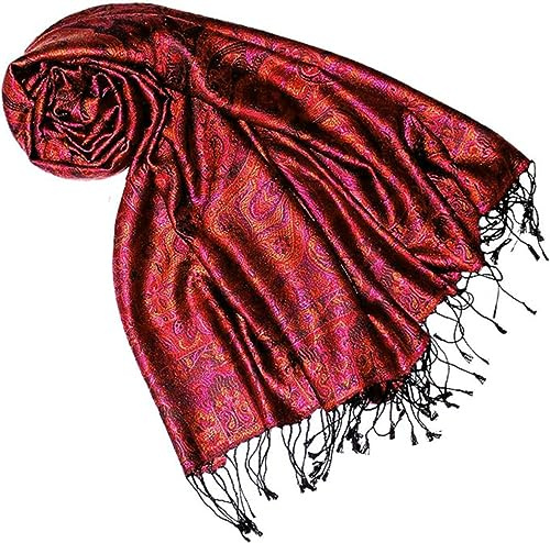 Lorenzo Cana Pashmina sjal växelduk jacquard vävd 100 % silke paisley-mönster sidenscarf sidenscarf pashmina flerfärgad 70 x 190 cm, Rosa-orange-röd, 70 x 190 cm