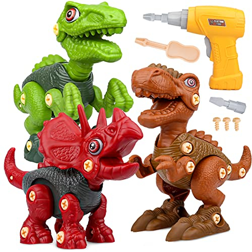 Vanplay Démontage Jouet Dinosaure avec Jeu Perceuse Électrique, Bricolage Jeux Construction Enfant comprennent Tyrannosaurus Rex Velociraptor et Triceratops, Jouet Enfant 3 Ans