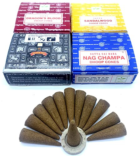 Lot de cônes d'encens Satya - 4 Paquets - Nag Champa, Santal, Super Hit, Sang de Dragon