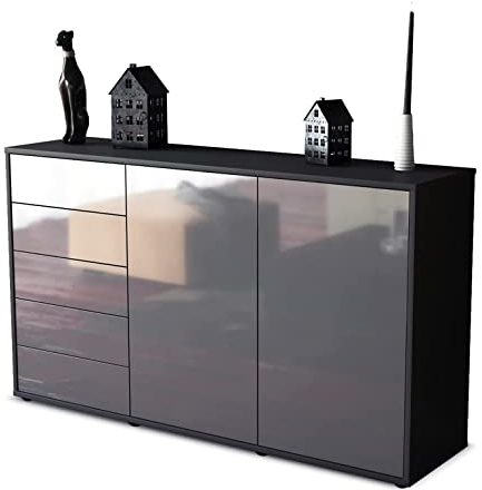 Stil.Zeit Kommode Sideboard, Aljoscha, Korpus anthrazit matt, Front Hochglanz Design Graphit, (136x79x35cm), Push to Open Technik & Leichtlaufschienen