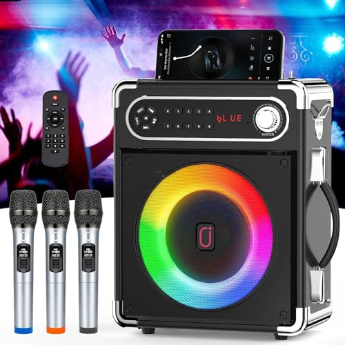JYX Máquina de Karaoke con 3 micrófonos inalámbricos UHF, Karaoke Portátil con DJ Luces, Altavoces Bluetooth Sistema PA Soporte FM/USB/TF Card/Rec/AUX para la Party Fiesta