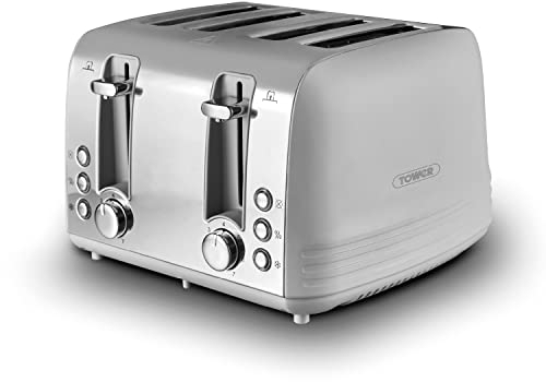 Tower, T20081GRY, Ash 4-Slice Toaster with Dual Controls,Defrost/Reheat/Cancel, 1850W, Grey & Chrome