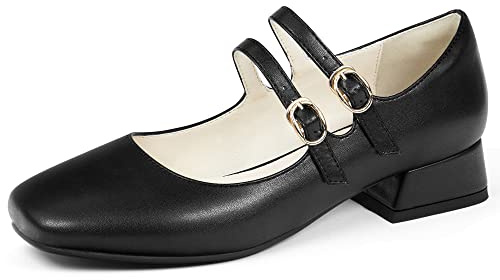 elerhythm Mary Jane - Zapatos planos de tacón bajo con doble correa al tobillo para mujer, con puntera cuadrada, estilo casual, Black, 38 EU