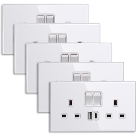 CNBINGO Double Switched Socket with 20W PD USB C and A Fast Charging Ports, Electric Power Sockets 2 Gang 13 Amp, Wall Outlet White Tempered Glass Panel, 5 Pack