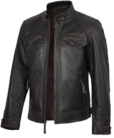 fjackets Real Lambskin Leather Biker Jacket — Quilted Cafe Racer Zip Up Moto Jacket Men Tall | [1118744] Johnson Ruboff, L