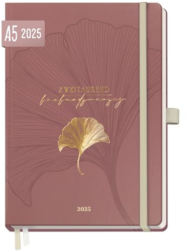 Häfft® Wochen-Notiz-Kalender 2025 A5 Ginkgo Altrosa Buchkalender, Terminplaner Notiz-Timer, Wochenkalender, Organizer, Terminkalender mit Einstecktasche - nachhaltig & klimafreundlich