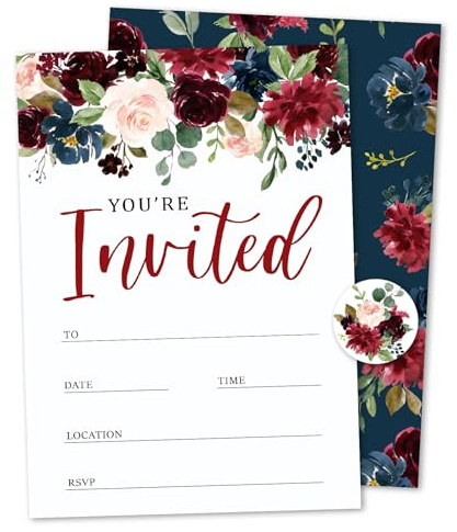 Whaline 25 Sets Flower Invitations with Envelopes Stickers Watercolor Floral Leaves Invitation Cards Blank Invites for Wedding Bridal Baby Shower Birthday Dinner Party, 5 x 7 Inch
