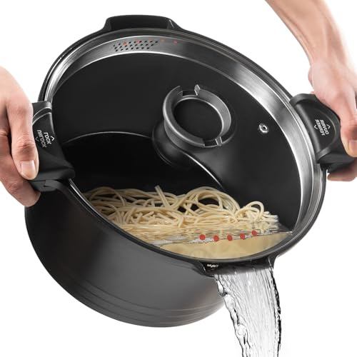 5qt Pasta Pot with Strainer Lid, Cast Aluminum Stockpot Multipot, Nonstick Ceramic Coating make Cleanup easy with Tempered Glass Lid, Dishwasher Safe, Induction, Black
