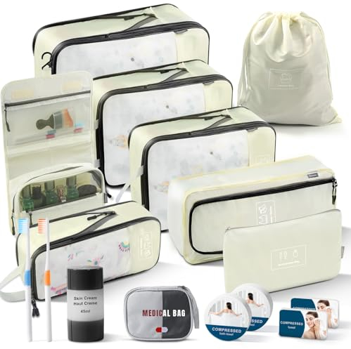 konqkin 15-Teiliges Set Compression Packing Cubes Platz sparen kann im Koffer & Backpack, Koffer Organizer Travel Essentials Zubehör für Reisen, Kompression Packwürfel Packtaschen - Creme Braun