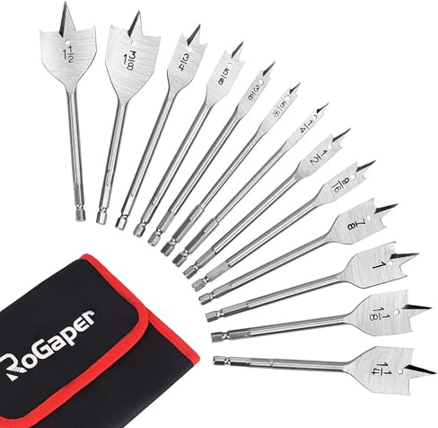 ROGAPER 13-Piece Spade Drill Bit Sets, Alloy Steel Paddle Flat Bit with Quick Change Shank, Flat Wood Hole Cutter Fit for Woodworking, Assorted Bits with Nylon Storage Pouch, 1/4 to 1-1/2