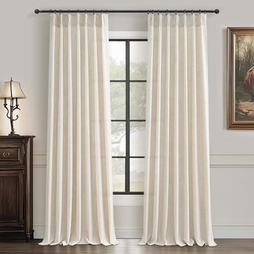 PleatedDrapes Semi Sheer Curtains 90 Inches Long for Bedroom Light Filtering Beige Birch Textured Linen Blend Pleat Curtains 7-1/2 ft Length Hooks Rings&Back Tab for Sliding Glass Doors 2 Panels Set