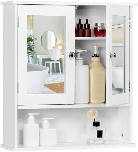 Yaheetech Armarios con Espejo para Baño Armario de Pared con 2 Puertas Mueble de Pared de baño Espejo con Estante Mueble para Baño Cocina 56×13×58cm Blanco