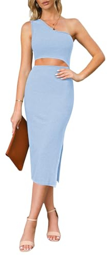 Pink Queen Vestido midi para mujer con cortes, sin mangas, de un hombro, bodycon con hendidura, azul celeste, S