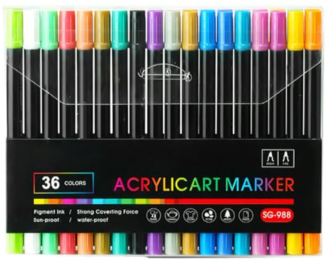 Acrylic Paint Marker, Acrylic Marker | Double Head Acrylic Marker Set, Waterproof 24/36 Colour Brush Tips, Stationery Artist Supplies for Painting, Graffiti, Manual Making