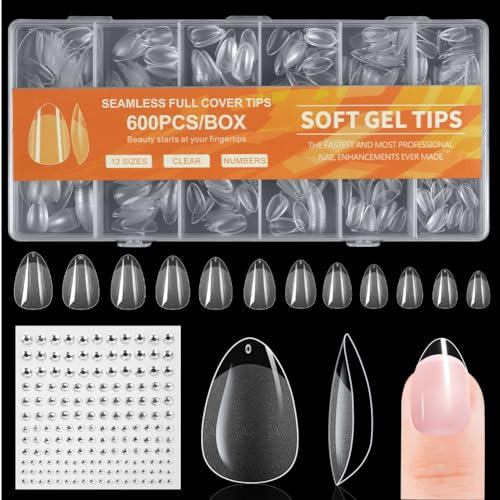 BUTBU 600pcs Capsule Americaine Ongle Amande, 12 Tailles Faux Ongles Lon, Capsules Ongles Gel Couverture Complète pour Prothésiste Ongulaire, Débutant De Manucure Et Diy Nail Art à La Maison