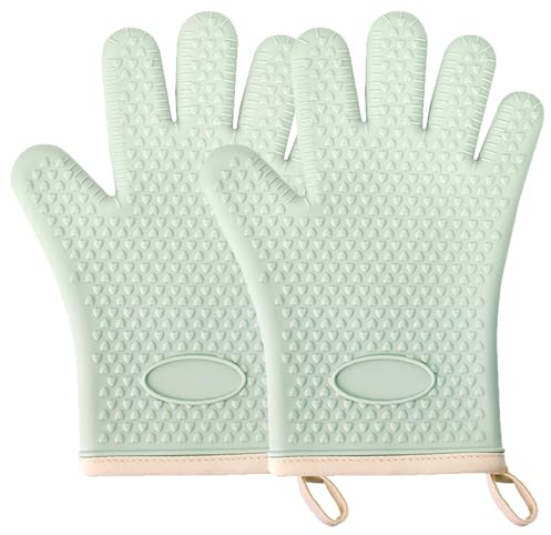 Silicone Oven Gloves with Fingers, High Temperature 450F Heat Resistant Oven Mitts Waterproof & Non-Slip Good Grip BBQ Grilling Gloves for Kitchen Cooking, Baking, Welding (Green) ﻿